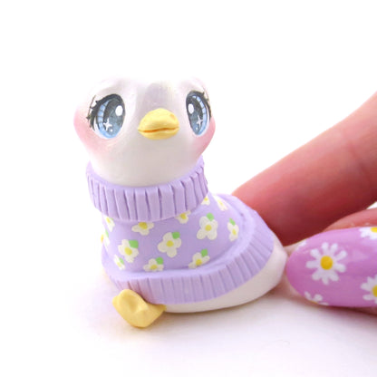 Goose in a Purple Floral Sweater Figurine - Polymer Clay Spring Animal Collection