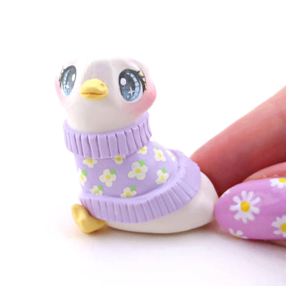 Goose in a Purple Floral Sweater Figurine - Polymer Clay Spring Animal Collection