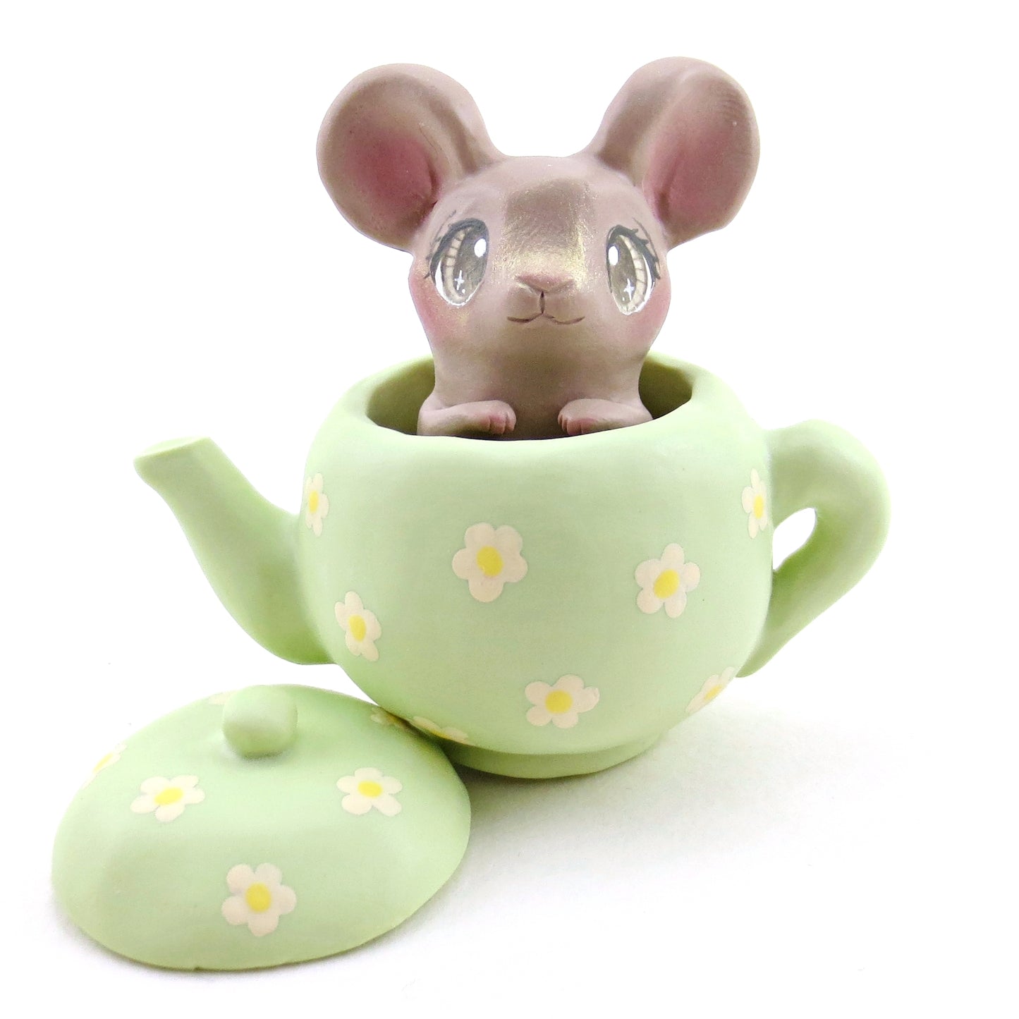 Green Floral Teapot Mouse Figurine - Polymer Clay Spring Animal Collection