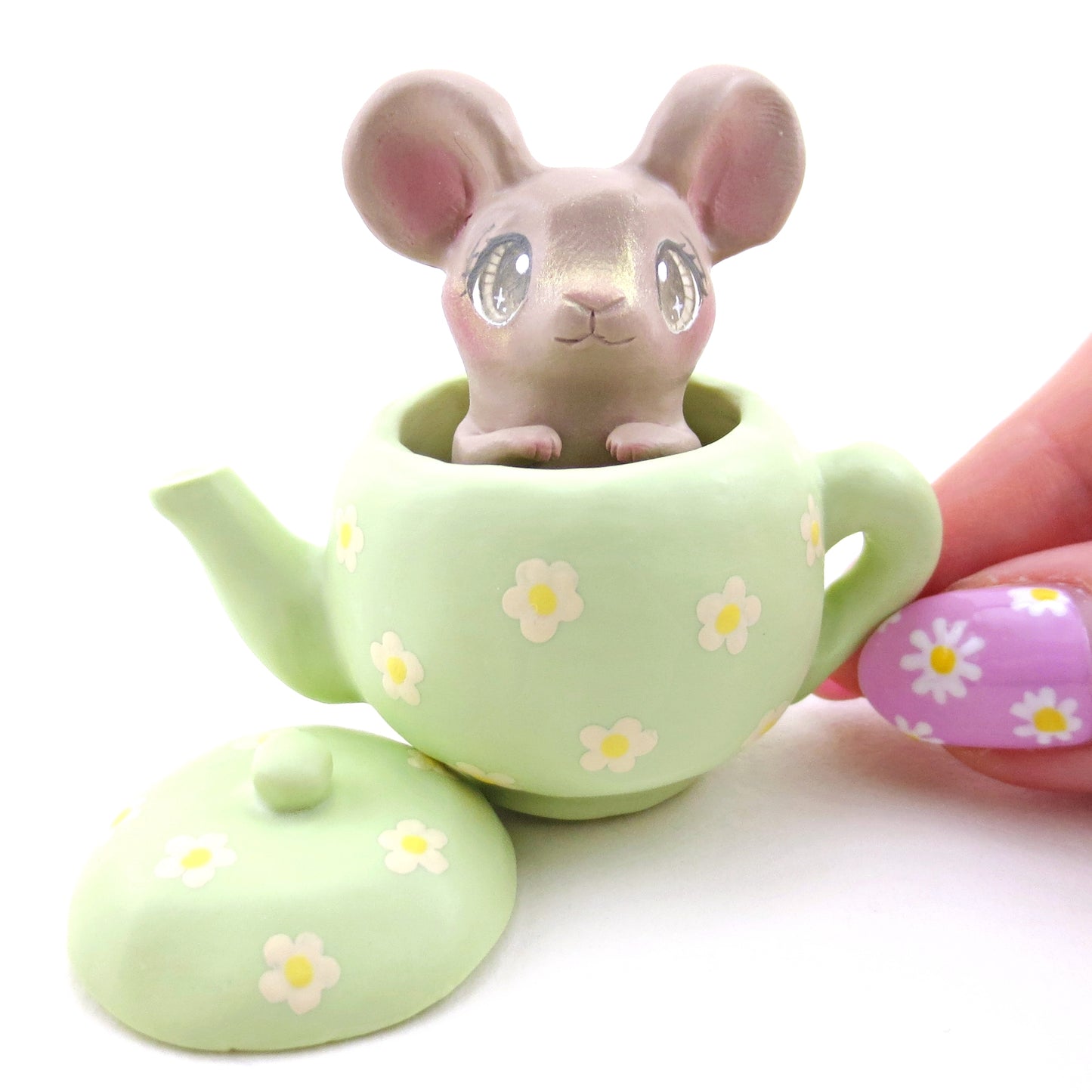 Green Floral Teapot Mouse Figurine - Polymer Clay Spring Animal Collection