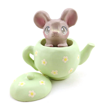 Green Floral Teapot Mouse Figurine - Polymer Clay Spring Animal Collection