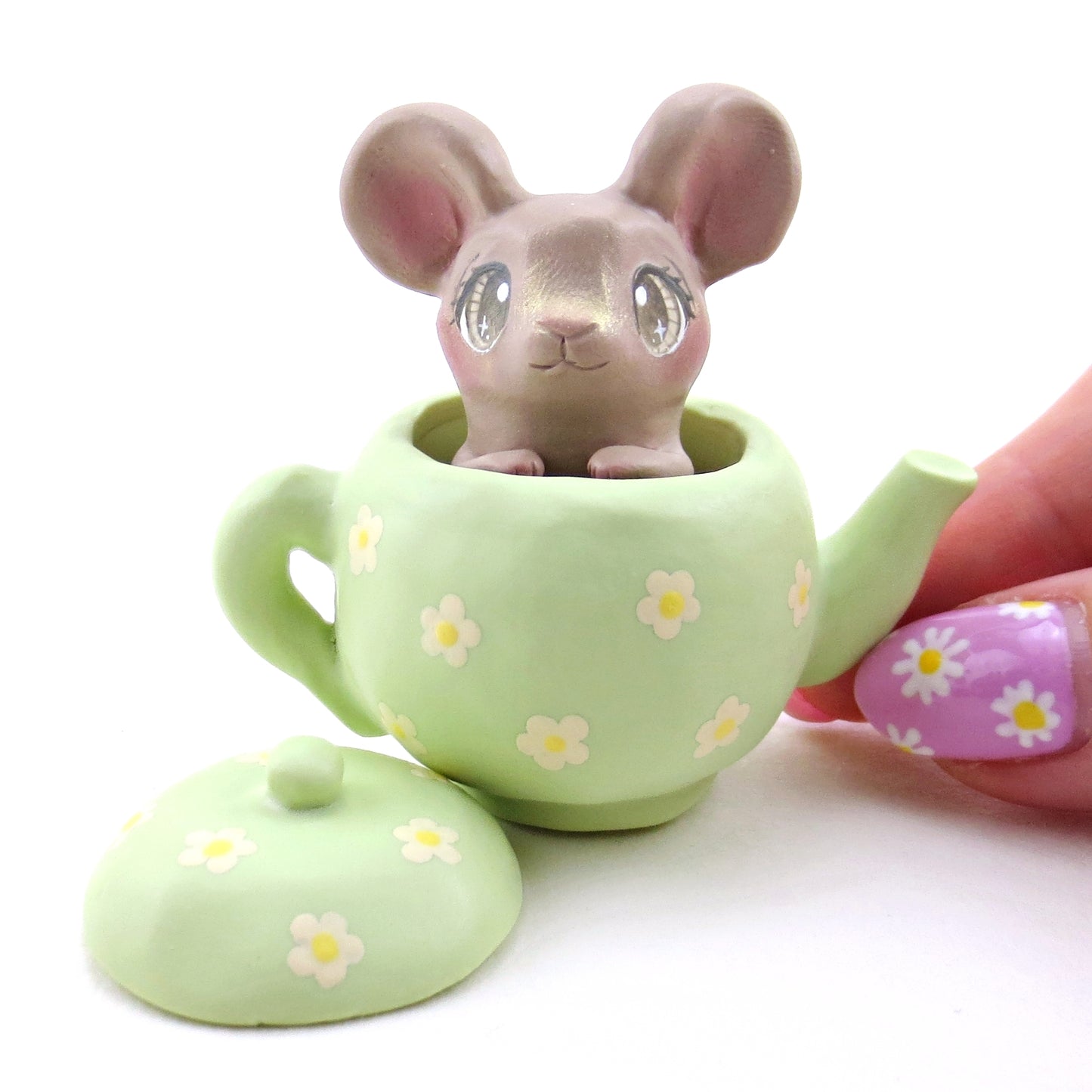 Green Floral Teapot Mouse Figurine - Polymer Clay Spring Animal Collection