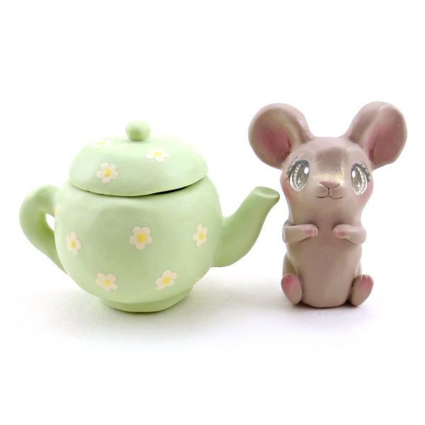 Green Floral Teapot Mouse Figurine - Polymer Clay Spring Animal Collection