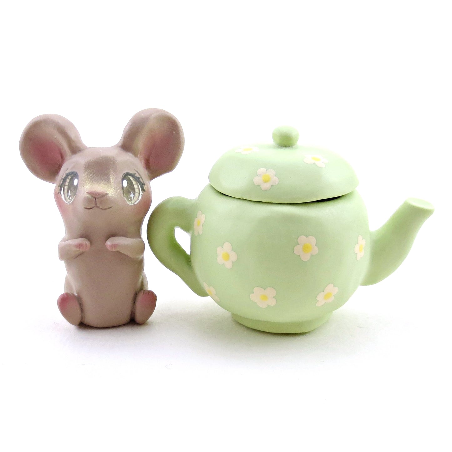 Green Floral Teapot Mouse Figurine - Polymer Clay Spring Animal Collection