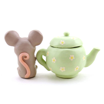 Green Floral Teapot Mouse Figurine - Polymer Clay Spring Animal Collection