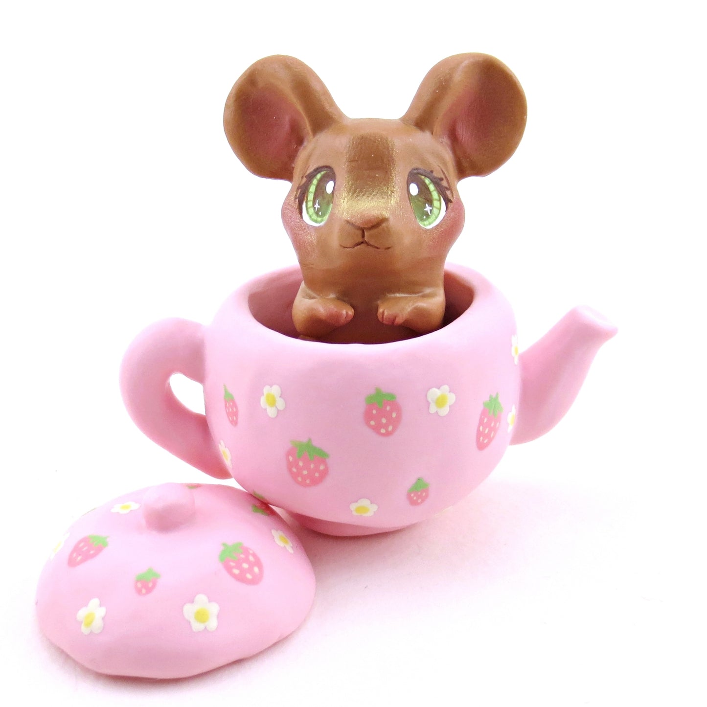 Pink Strawberry Teapot Mouse Figurine - Polymer Clay Spring Animal Collection