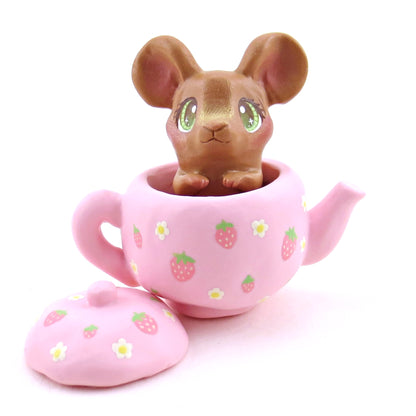 Pink Strawberry Teapot Mouse Figurine - Polymer Clay Spring Animal Collection