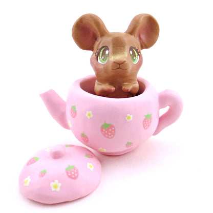 Pink Strawberry Teapot Mouse Figurine - Polymer Clay Spring Animal Collection