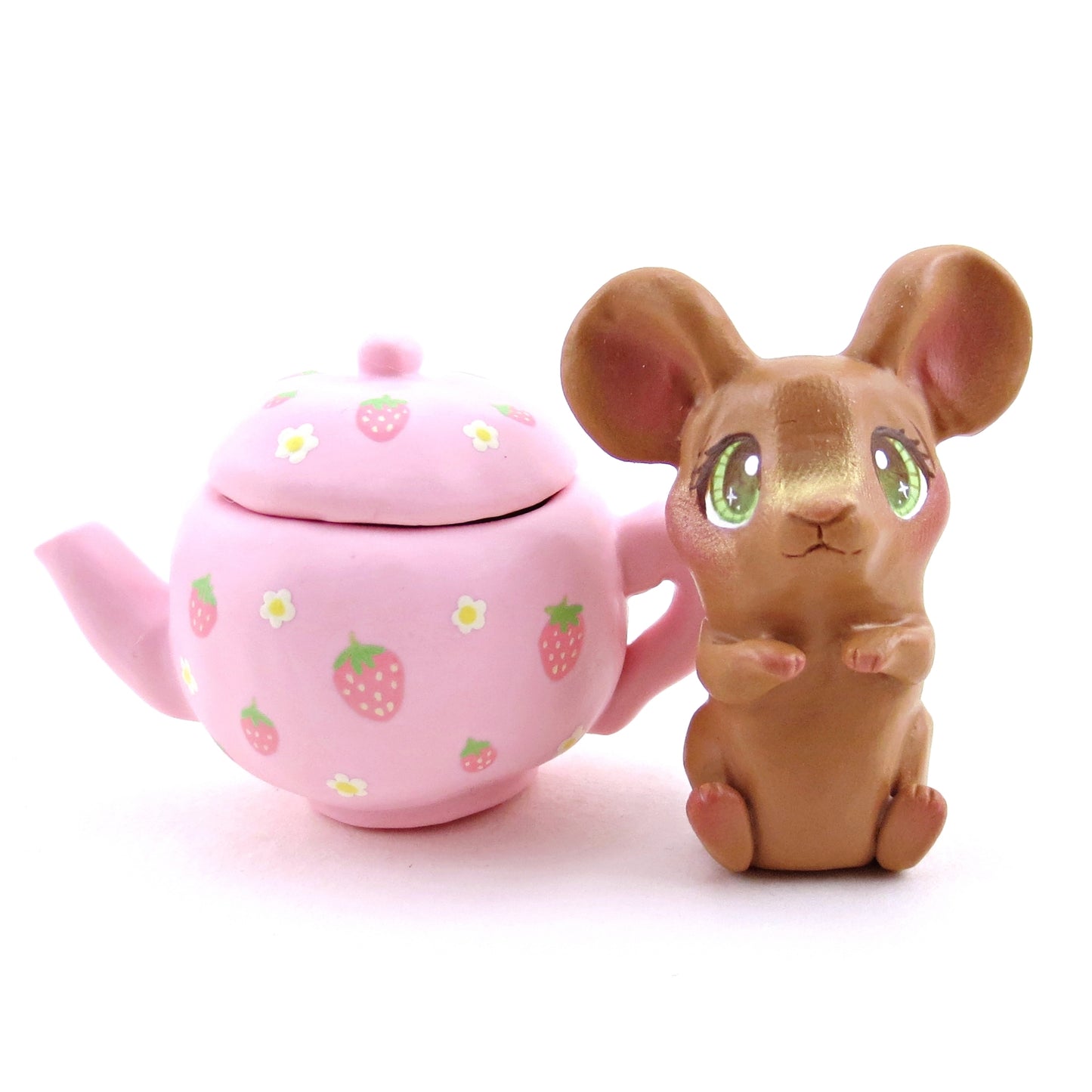 Pink Strawberry Teapot Mouse Figurine - Polymer Clay Spring Animal Collection