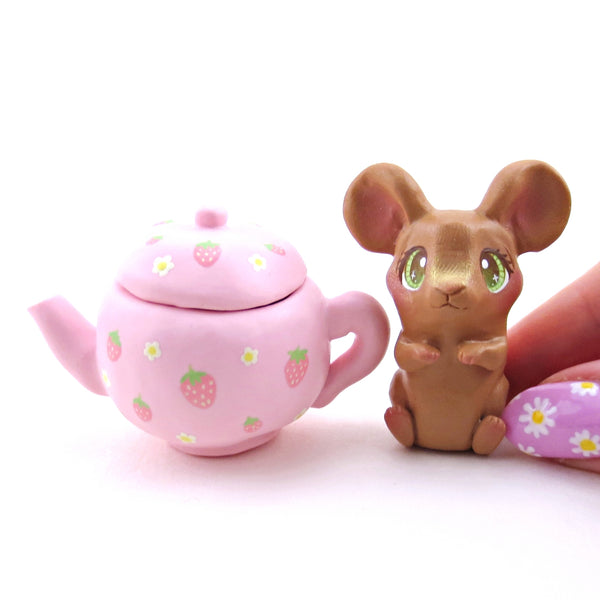 Pink Strawberry Teapot Mouse Figurine - Polymer Clay Spring Animal Collection