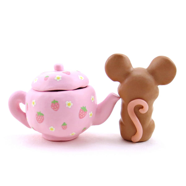 Pink Strawberry Teapot Mouse Figurine - Polymer Clay Spring Animal Collection