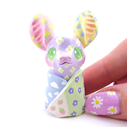 Cozy Patchwork Quilt Bat Figurine - Polymer Clay Spring Animal Collection