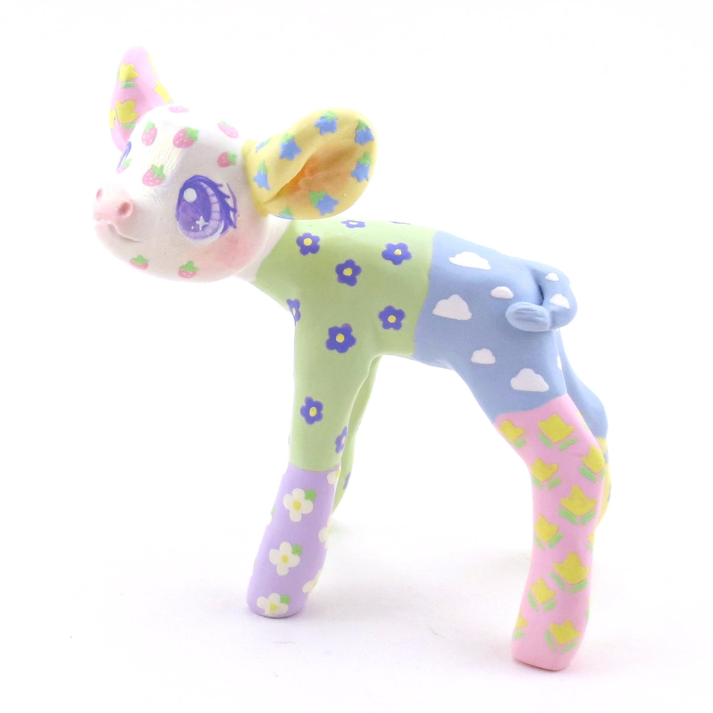 Cozy Patchwork Quilt Cow Figurine - Polymer Clay Spring Animal Collection