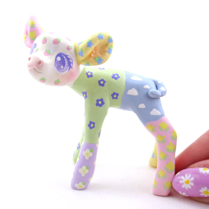 Cozy Patchwork Quilt Cow Figurine - Polymer Clay Spring Animal Collection