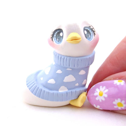 Goose in a Blue Cloud Sweater Figurine - Polymer Clay Spring Animal Collection