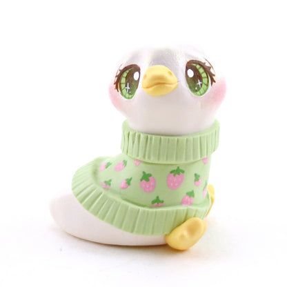 Goose in a Green Strawberry Sweater Figurine - Polymer Clay Spring Animal Collection