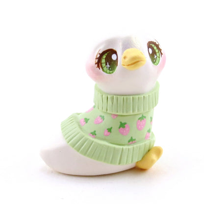 Goose in a Green Strawberry Sweater Figurine - Polymer Clay Spring Animal Collection