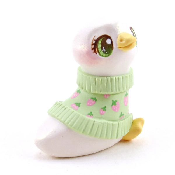 Goose in a Green Strawberry Sweater Figurine - Polymer Clay Spring Animal Collection
