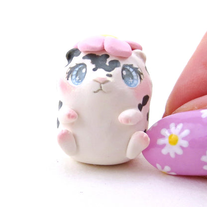 Hamster with a Pink Flower Hat Figurine - Polymer Clay Spring Animal Collection