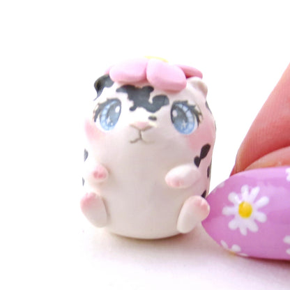 Hamster with a Pink Flower Hat Figurine - Polymer Clay Spring Animal Collection