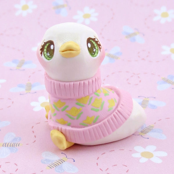 Goose in a Pink Floral Sweater Figurine - Polymer Clay Spring Animal Collection