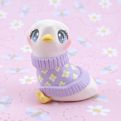 Goose in a Purple Floral Sweater Figurine - Polymer Clay Spring Animal Collection