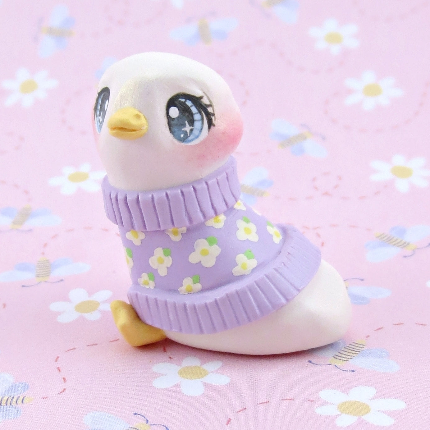 Goose in a Purple Floral Sweater Figurine - Polymer Clay Spring Animal Collection