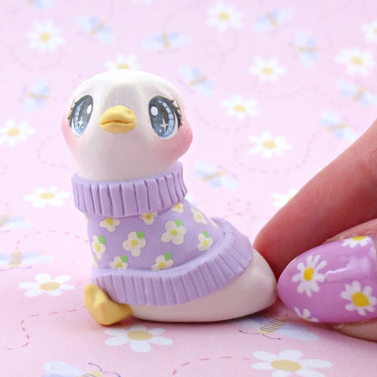 Goose in a Purple Floral Sweater Figurine - Polymer Clay Spring Animal Collection