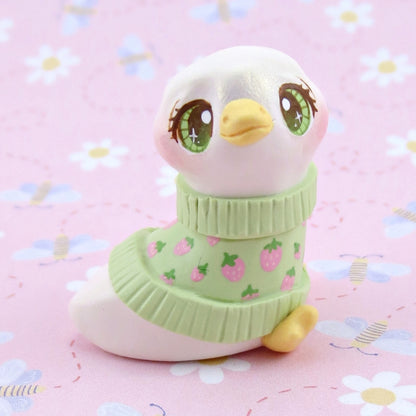 Goose in a Green Strawberry Sweater Figurine - Polymer Clay Spring Animal Collection