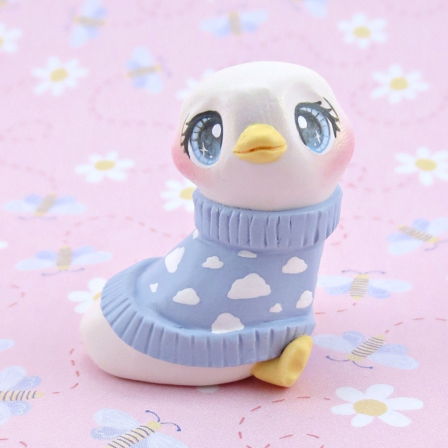 Goose in a Blue Cloud Sweater Figurine - Polymer Clay Spring Animal Collection