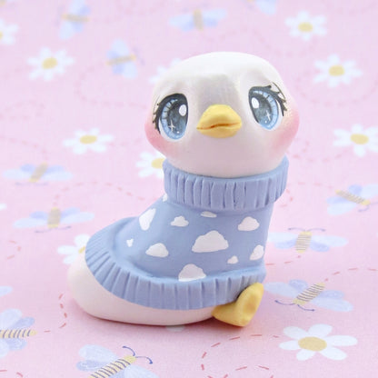 Goose in a Blue Cloud Sweater Figurine - Polymer Clay Spring Animal Collection