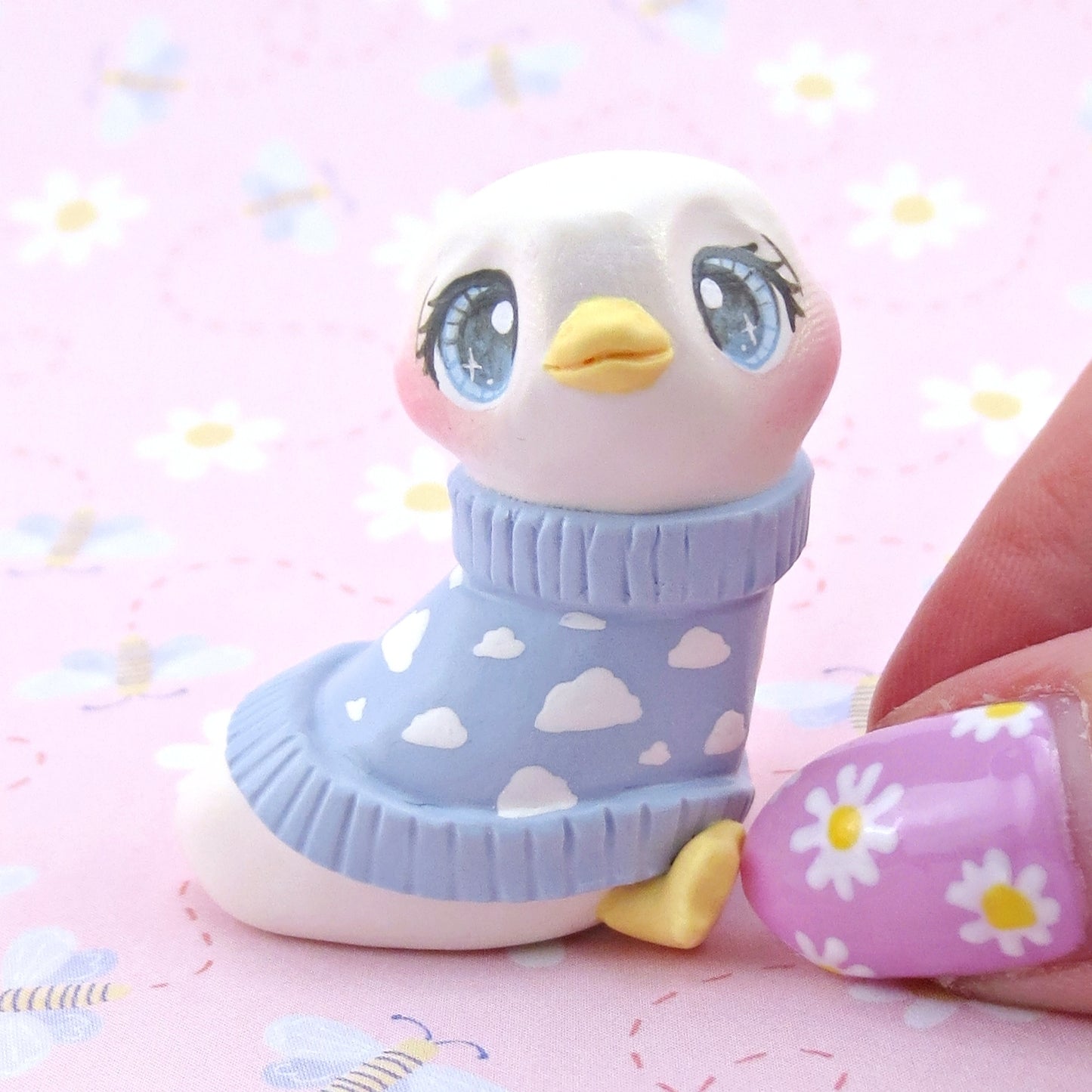 Goose in a Blue Cloud Sweater Figurine - Polymer Clay Spring Animal Collection