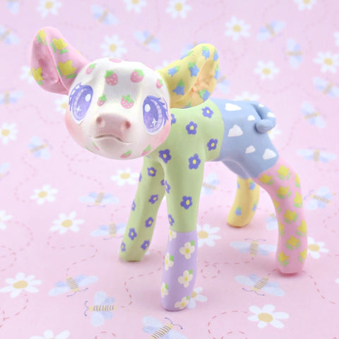 Cozy Patchwork Quilt Cow Figurine - Polymer Clay Spring Animal Collection