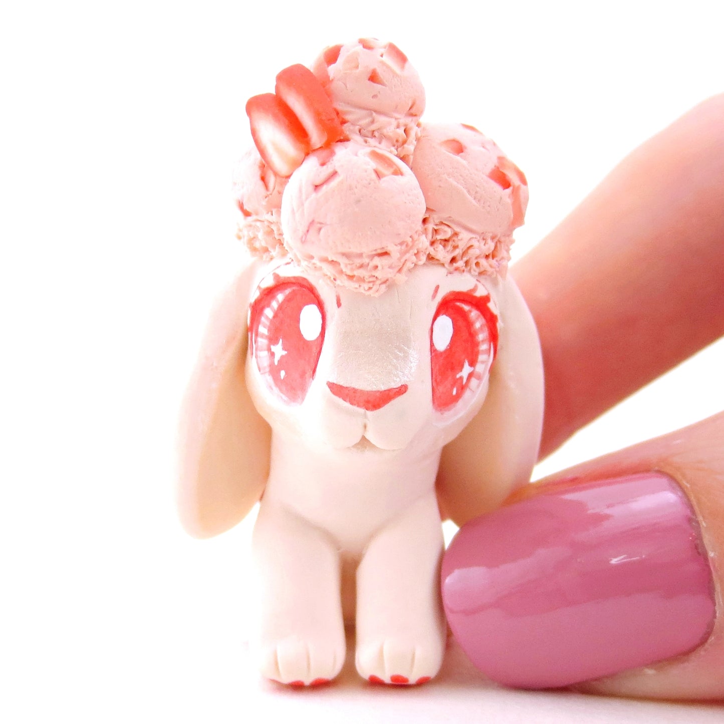 Strawberry Ice Cream Holland Lop Figurine - Polymer Clay Food and Dessert Animals