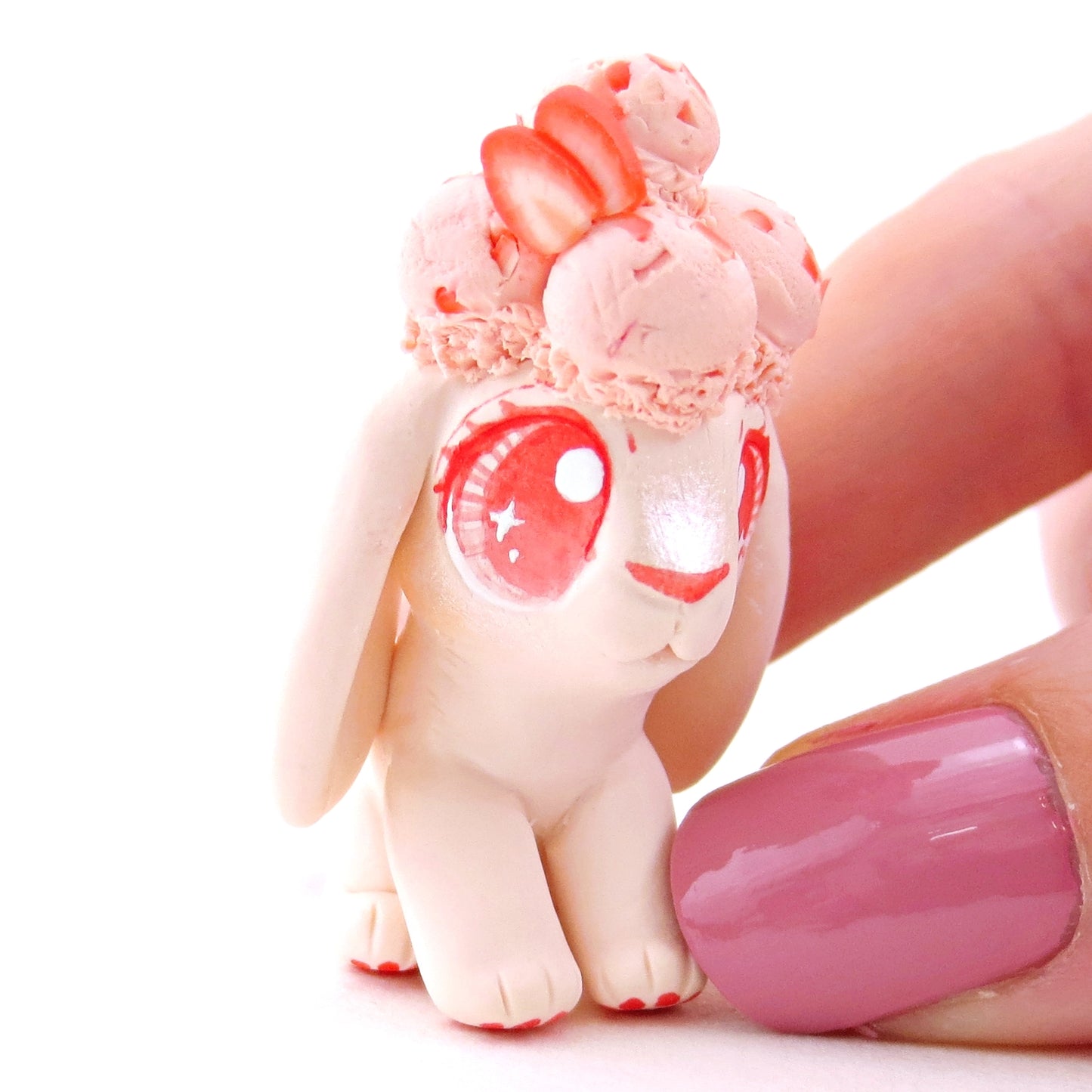 Strawberry Ice Cream Holland Lop Figurine - Polymer Clay Food and Dessert Animals