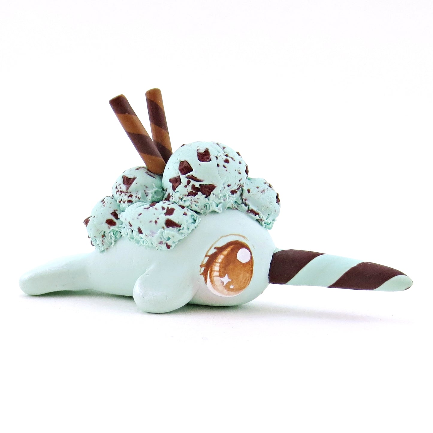 Mint Chocolate Chip Ice Cream Narwhal Figurine - Polymer Clay Food and Dessert Animals