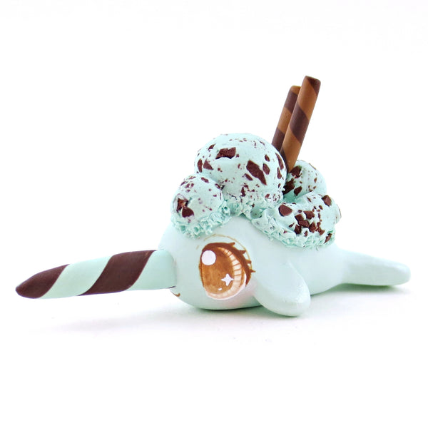 Mint Chocolate Chip Ice Cream Narwhal Figurine - Polymer Clay Food and Dessert Animals