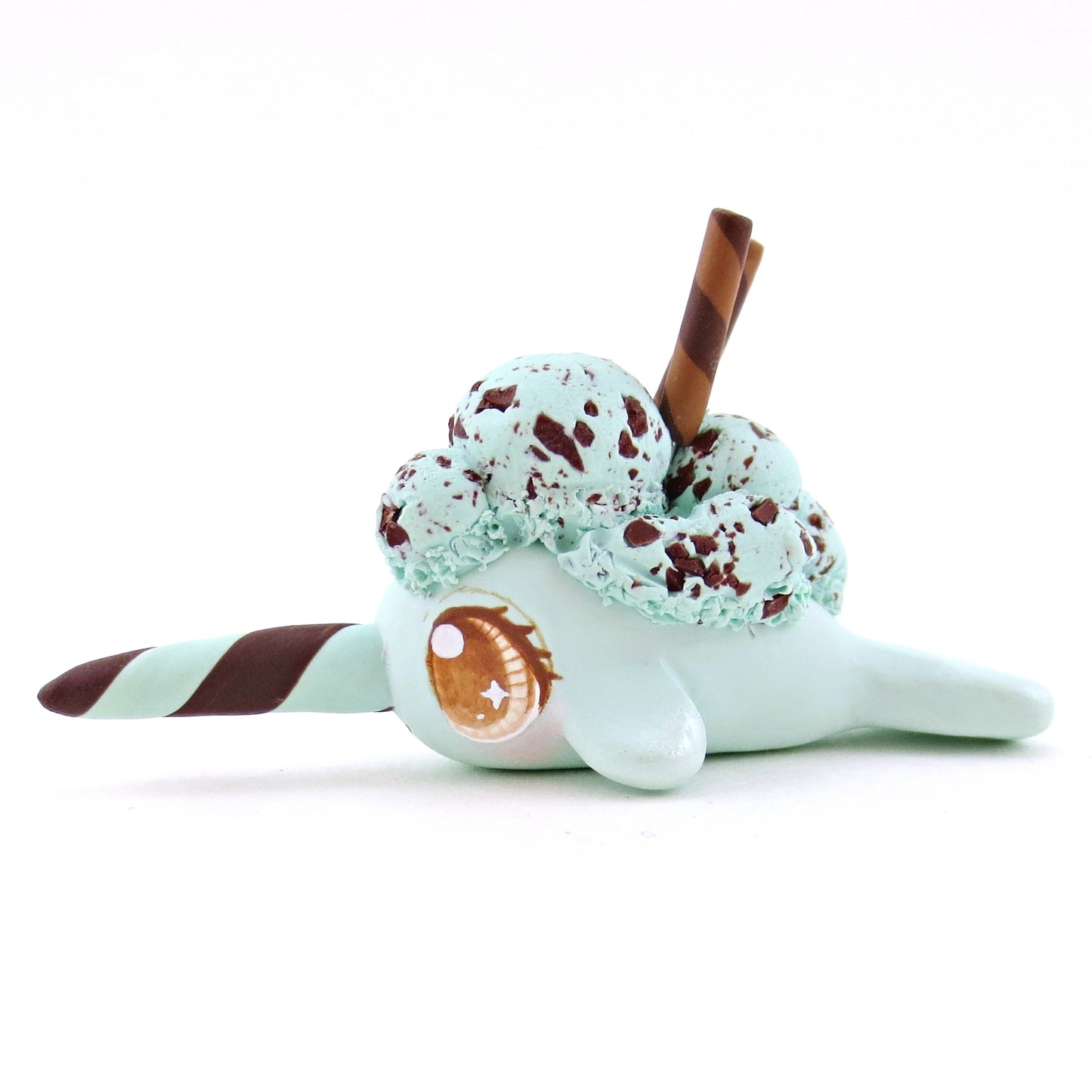 Mint Chocolate Chip Ice Cream Narwhal Figurine - Polymer Clay Food and Dessert Animals