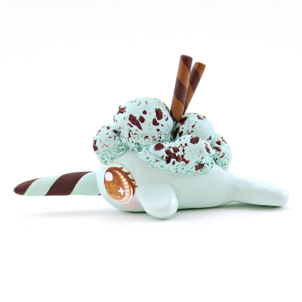 Mint Chocolate Chip Ice Cream Narwhal Figurine - Polymer Clay Food and Dessert Animals