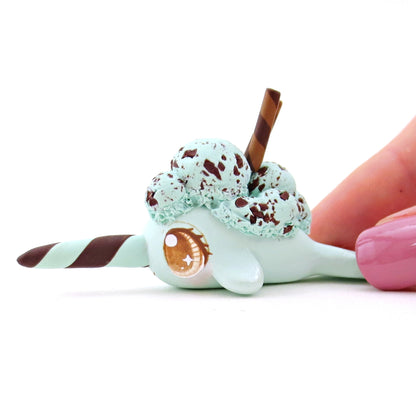 Mint Chocolate Chip Ice Cream Narwhal Figurine - Polymer Clay Food and Dessert Animals