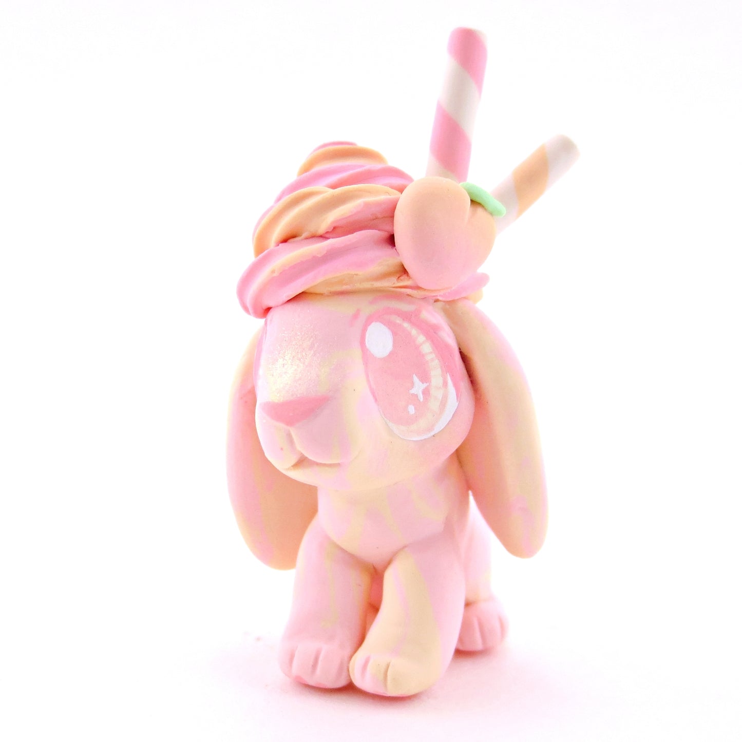 Peach Frozen Yogurt Swirl Holland Lop Bunny Figurine - Polymer Clay Food and Dessert Animals