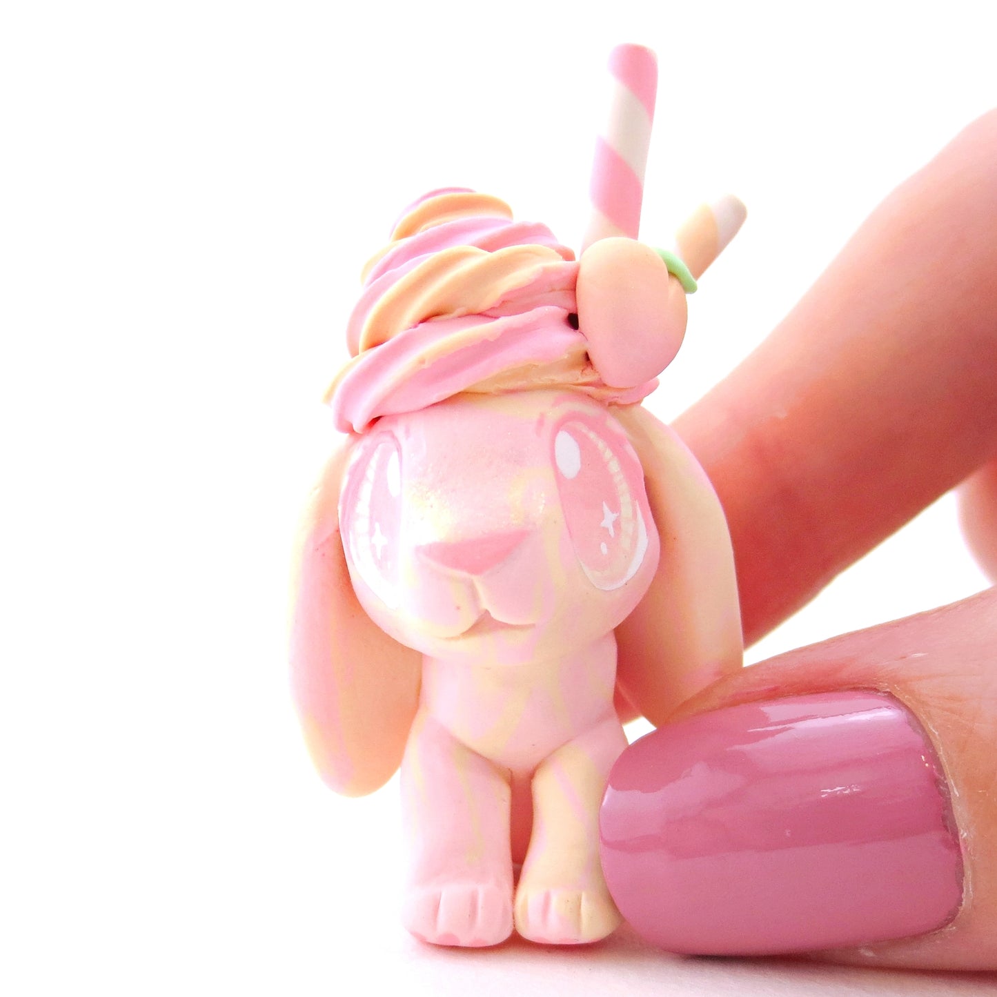 Peach Frozen Yogurt Swirl Holland Lop Bunny Figurine - Polymer Clay Food and Dessert Animals