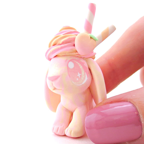Peach Frozen Yogurt Swirl Holland Lop Bunny Figurine - Polymer Clay Food and Dessert Animals