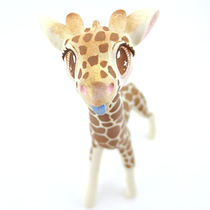 Giraffe Figurine with Blue Blep - Polymer Clay Tropical Animals