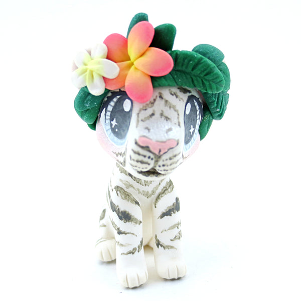 Flower Crown White Tiger Figurine - Polymer Clay Tropical Animals