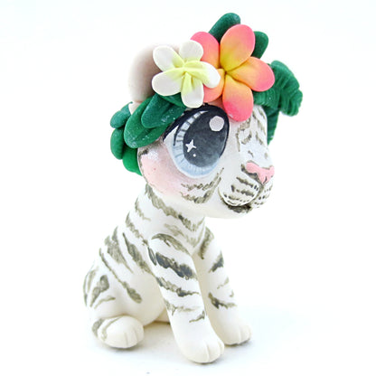 Flower Crown White Tiger Figurine - Polymer Clay Tropical Animals