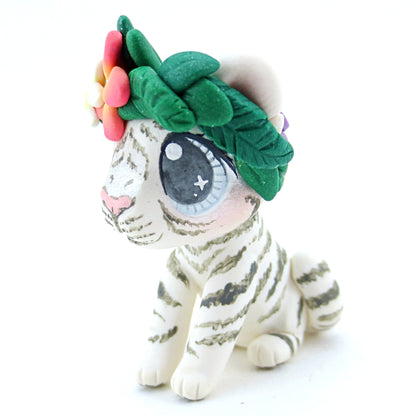 Flower Crown White Tiger Figurine - Polymer Clay Tropical Animals