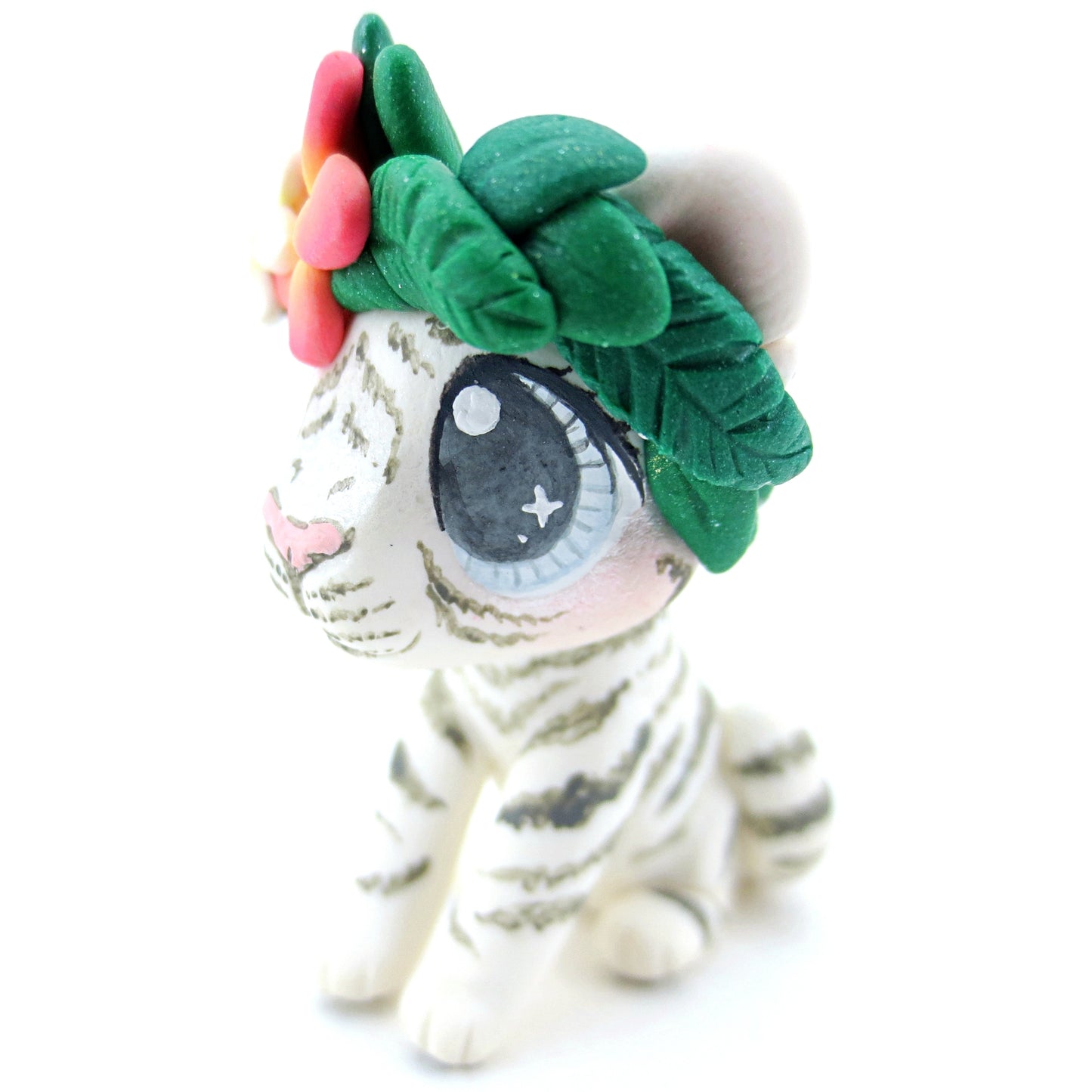 Flower Crown White Tiger Figurine - Polymer Clay Tropical Animals