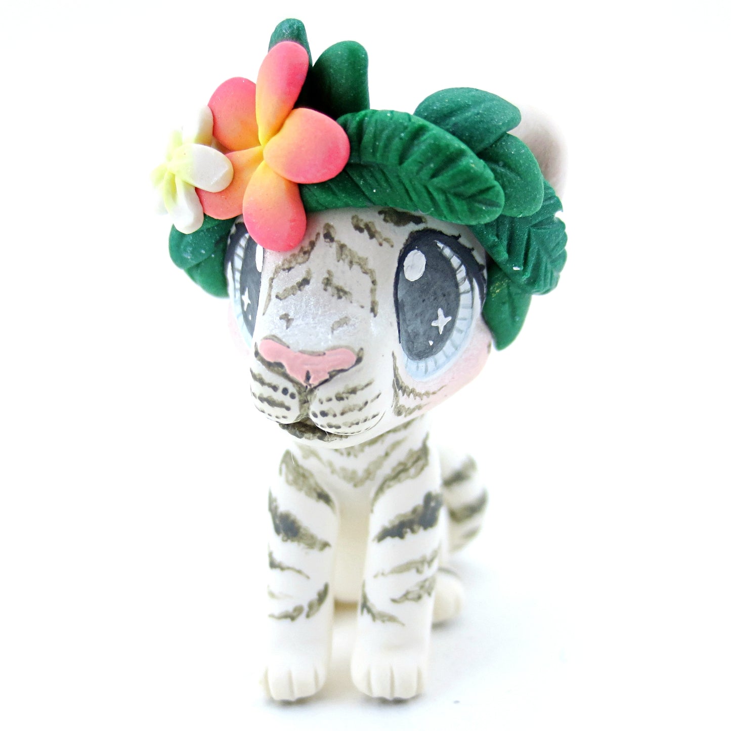 Flower Crown White Tiger Figurine - Polymer Clay Tropical Animals