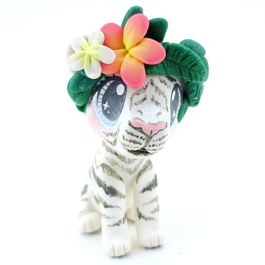 Flower Crown White Tiger Figurine - Polymer Clay Tropical Animals